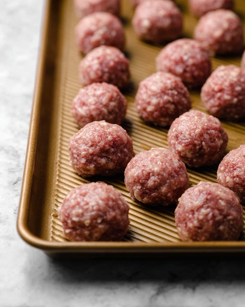 The image shows a close-up of a baking tray with 15 raw meatballs arranged in rows, each round and slightly textured with visible bits of meat and fat. The meatballs are a mix of pink and light brown colors indicating uncooked ground meat. The tray is bronze-colored with a ribbed surface that adds some texture beneath the meatballs. The background is a white marbled surface that contrasts softly with the tray. photo taken with an iphone --ar 4:5 --v 7
