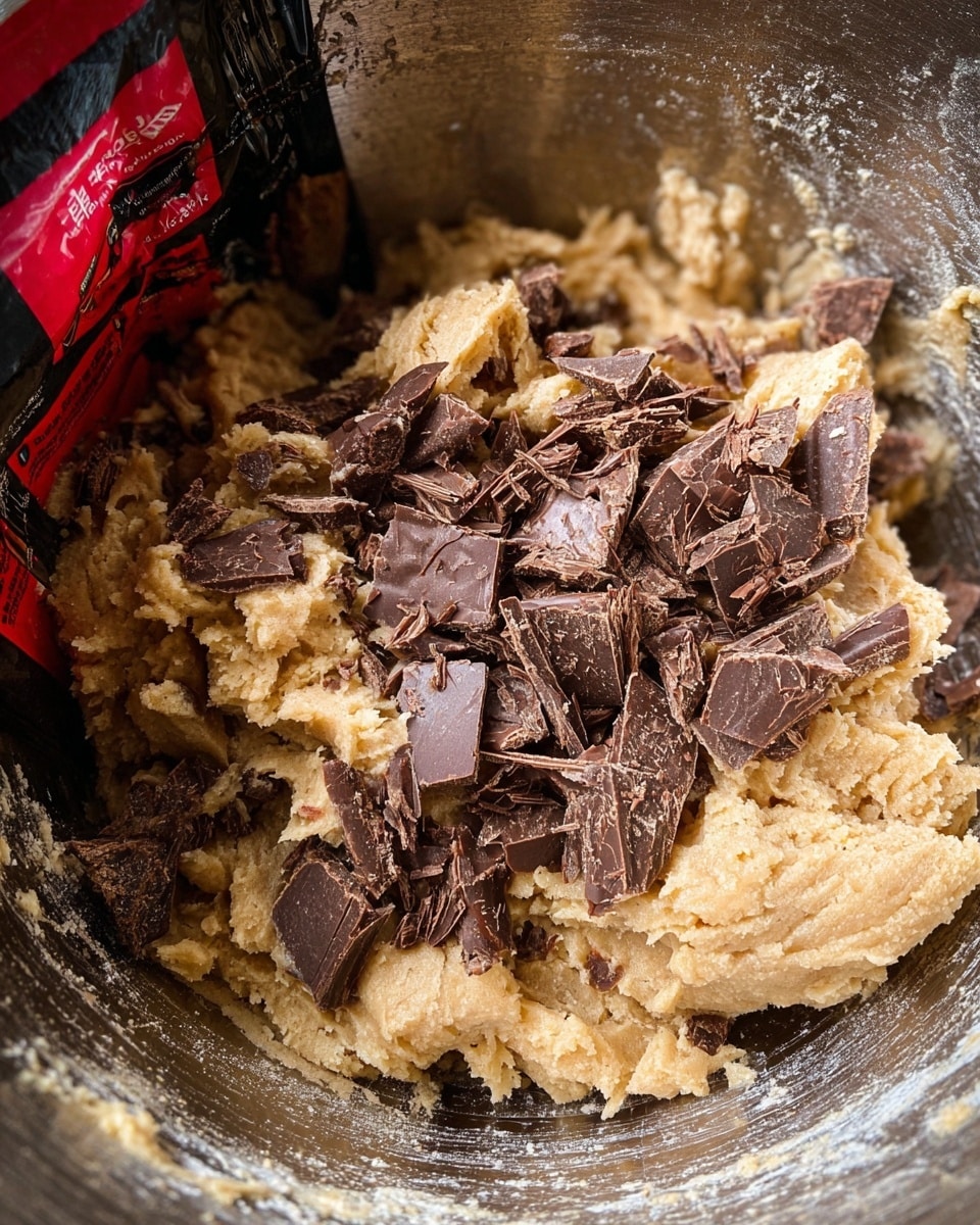The image shows a metal bowl filled with thick, light brown cookie dough mixed with many uneven pieces and shavings of dark brown chocolate scattered on top. The dough texture looks soft and slightly sticky, while the chocolate pieces vary in size with some small chips and some larger chunks creating a rough and rich appearance. There is a black and red package partially visible in the bowl on the left side. The bowl has some flour dusted on the sides, adding a powdery white contrast to the dough and chocolate. The photo taken with an iphone --ar 4:5 --v 7