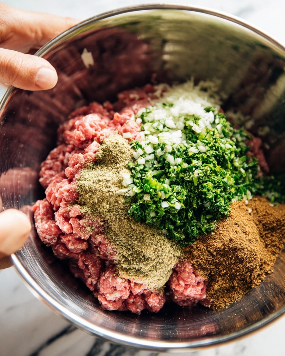 A close-up of a shiny metal bowl held by a woman's hand, filled with layers of ingredients for mixing: the bottom layer is raw ground meat in a pinkish-red color with a coarse texture, topped on one side with finely chopped green herbs mixed with small bits of white, next to a light brown powdery spice mix, and another patch of a darker brown spice powder beside it. The background has a white marbled texture. Photo taken with an iphone --ar 4:5 --v 7