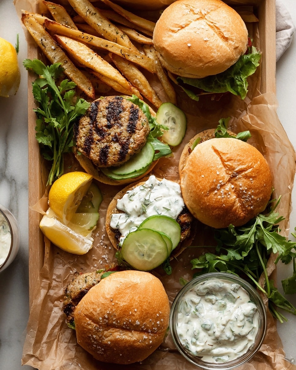 The image shows a white tray lined with brown paper filled with a meal of three burgers and side fries. One burger is open, showing four layers: the bottom bun topped with green arugula, some thin slices of cucumber, a grilled patty with grill marks, and the top bun spread with white creamy sauce with green herbs visible. The other two burgers have the top buns placed. Golden brown fries with a light sprinkle of salt are arranged on the left side of the tray along with a small bunch of green cilantro and a yellow lemon wedge near the top. A glass bowl with more white sauce with herbs is partly visible on the right edge. The tray is placed on a white marbled surface. Photo taken with an iphone --ar 4:5 --v 7