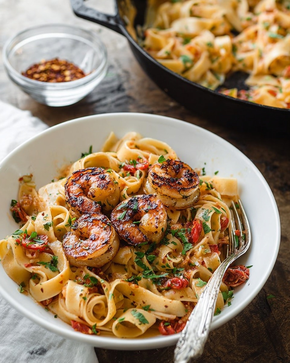 The image shows a large black pan filled with fettuccine pasta and grilled shrimp. The pasta is creamy beige with small pieces of red tomato mixed in. The shrimp are large, browned with grill marks, cooked to a golden color, and scattered evenly on top of the pasta. Fresh green parsley is sprinkled all over the dish, adding a pop of color. The pan is resting on a dark wooden surface, and in the background, there is a clear glass bowl with red pepper flakes and a small spoon inside. Photo taken with an iphone --ar 4:5 --v 7
