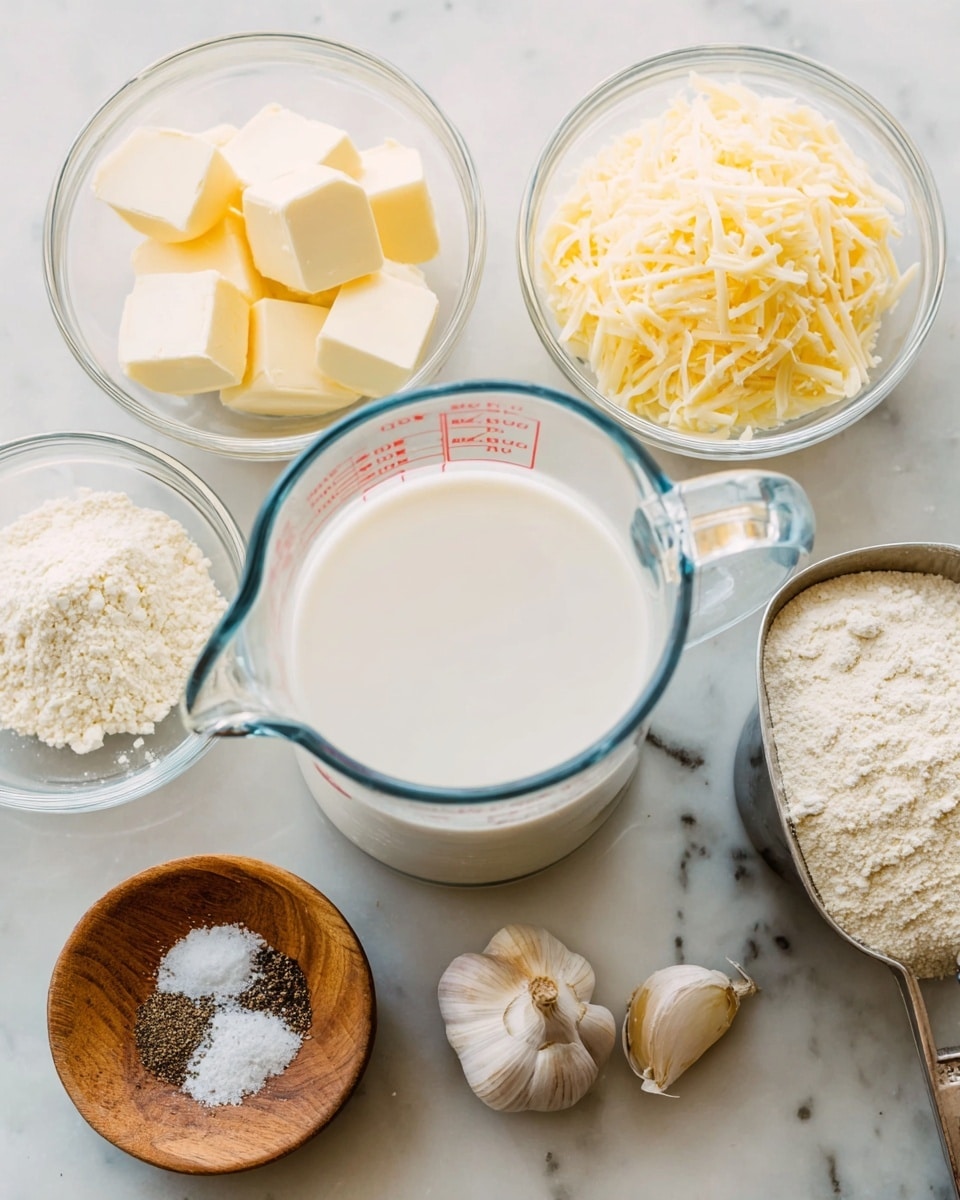 A clear glass measuring cup filled with white milk is placed at the center on a white marbled surface, surrounded by small clear glass bowls containing pale yellow butter cubes and white flour powder. To the right, a metal measuring cup filled with light yellow shredded cheese sits next to two garlic cloves, one whole and one split. In the front center, a small round wooden bowl holds black pepper and white salt. The overall arrangement is neat and evenly spaced, all set against the white marbled background photo taken with an iphone --ar 4:5 --v 7