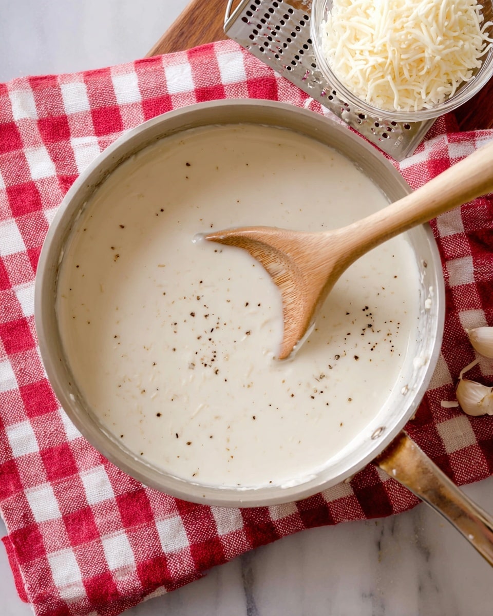 A close-up view of a creamy, smooth white sauce inside a silver saucepan with a wooden spoon resting partially in the sauce on the right side. The sauce has small black pepper flakes sprinkled throughout, giving it a speckled texture. The saucepan sits on a red and white checkered cloth that covers a white marbled surface. Toward the top right corner, there is a small glass bowl filled with shredded white cheese and a metal grater, while a few cloves of garlic are visible near the bottom right edge of the image. Photo taken with an iphone --ar 4:5 --v 7