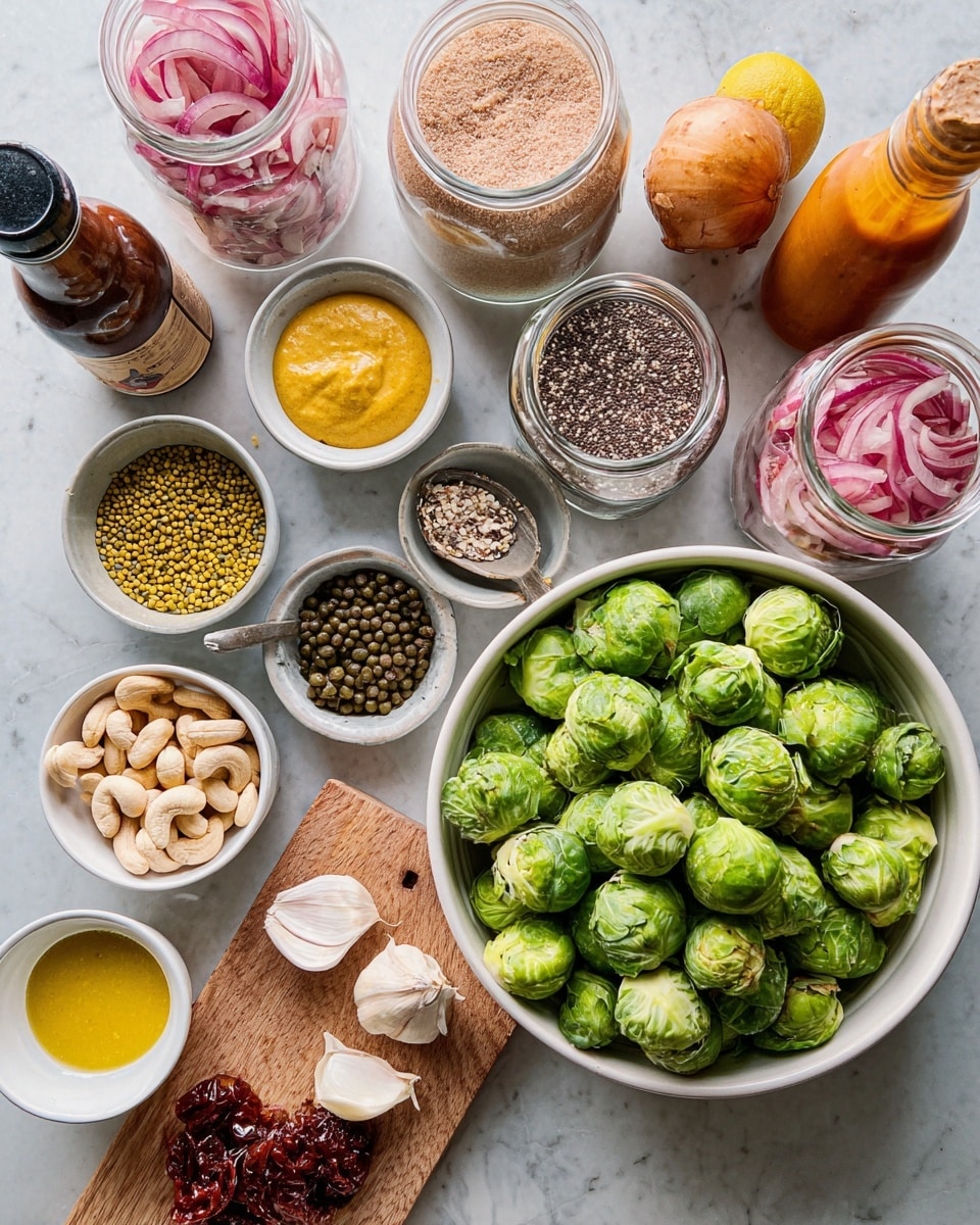 The image shows many small bowls and jars with different ingredients arranged on a white marbled surface. In the center, there is a white bowl full of bright green Brussels sprouts with textured leafy surfaces. Around it, there are various small white bowls holding raw cashews, mixed quinoa seeds in white, red, and black, yellow nutritional yeast flakes, green capers, and dark cooked lentils. Two small plates hold sun-dried tomatoes in dark red and a dollop of mustard yellow sauce. On a small wooden board beside the bowls, there are whole and peeled garlic cloves, two yellow lemons—one halved—and two bottles with sauces, one brown and one orange. There are also two clear jars filled with a light brown powder, one with a spoon inside, and a glass jar filled with pink pickled onions. The setting feels fresh and organized, with a good mix of colors and textures visible. Photo taken with an iphone --ar 4:5 --v 7