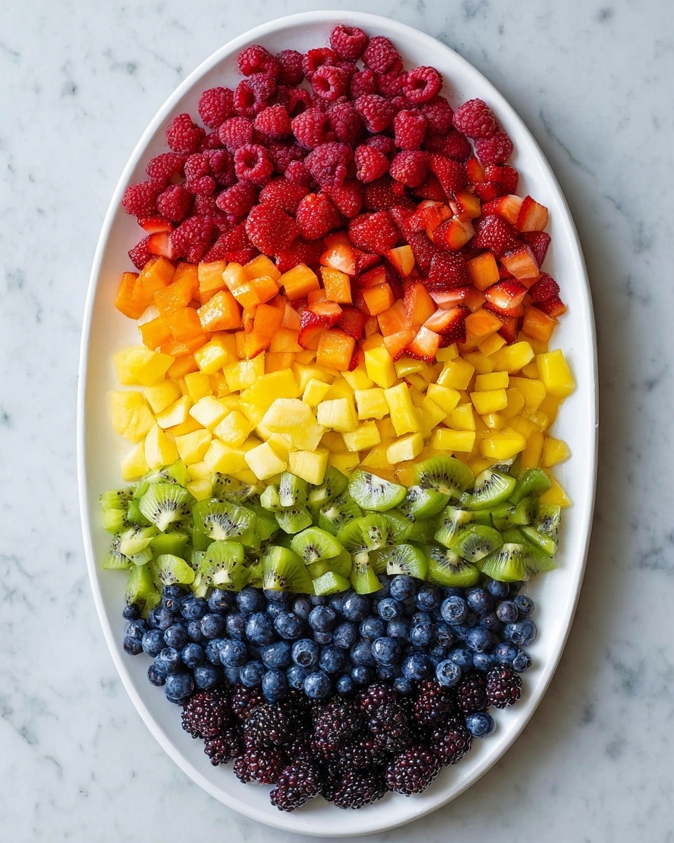 An oval white plate with seven layers of different fruits arranged from top to bottom: the first layer is bright red raspberries, the second layer is chopped red strawberries, the third layer is orange mango cubes, the fourth layer is yellow pineapple chunks, the fifth layer is green kiwi pieces with black seeds, the sixth layer is deep blue blueberries, and the seventh layer is dark purple grapes mixed with blackberries at the bottom, all on a white marbled surface photo taken with an iphone --ar 4:5 --v 7