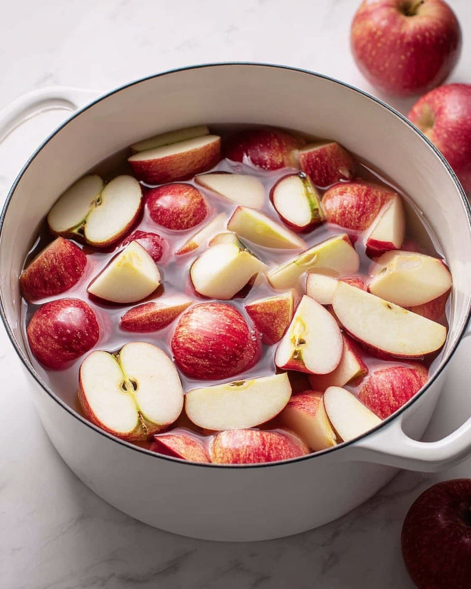 A white pot filled with water and many apple pieces floating inside. The apples are cut into different shapes, mostly halves and quarters, showing both red skin and the white inside flesh. The pot sits on a white marbled surface with a couple of whole apples partly visible in the background on the right side. photo taken with an iphone --ar 4:5 --v 7