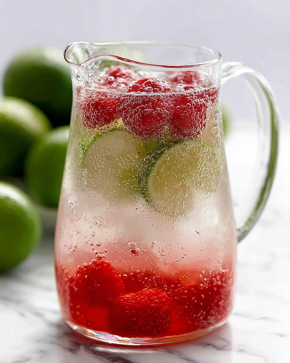 The image shows two clear glass jars with handles, filled with a light pink drink and ice cubes. Each jar has two thin lime slices placed inside near the glass surface, giving layers of pale green and yellow color. Near the front jar, there is a bright red fruit or garnish adding a splash of color inside the drink. The jars rest on a white marbled surface with two halved green limes in the blurred background. The lighting is bright, highlighting the cold and refreshing look of the drinks. Photo taken with an iphone --ar 4:5 --v 7