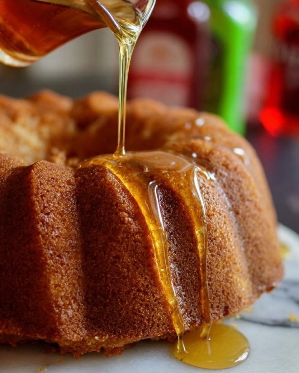 A close-up view of a round bundt cake with a golden brown, textured surface, sitting on a white marbled surface. A thick, shiny golden syrup is being poured from a clear glass pitcher onto the top of the cake, flowing down its sides in smooth, glossy streams. The background is softly blurred with hints of red and green bottles. Photo taken with an iphone --ar 4:5 --v 7