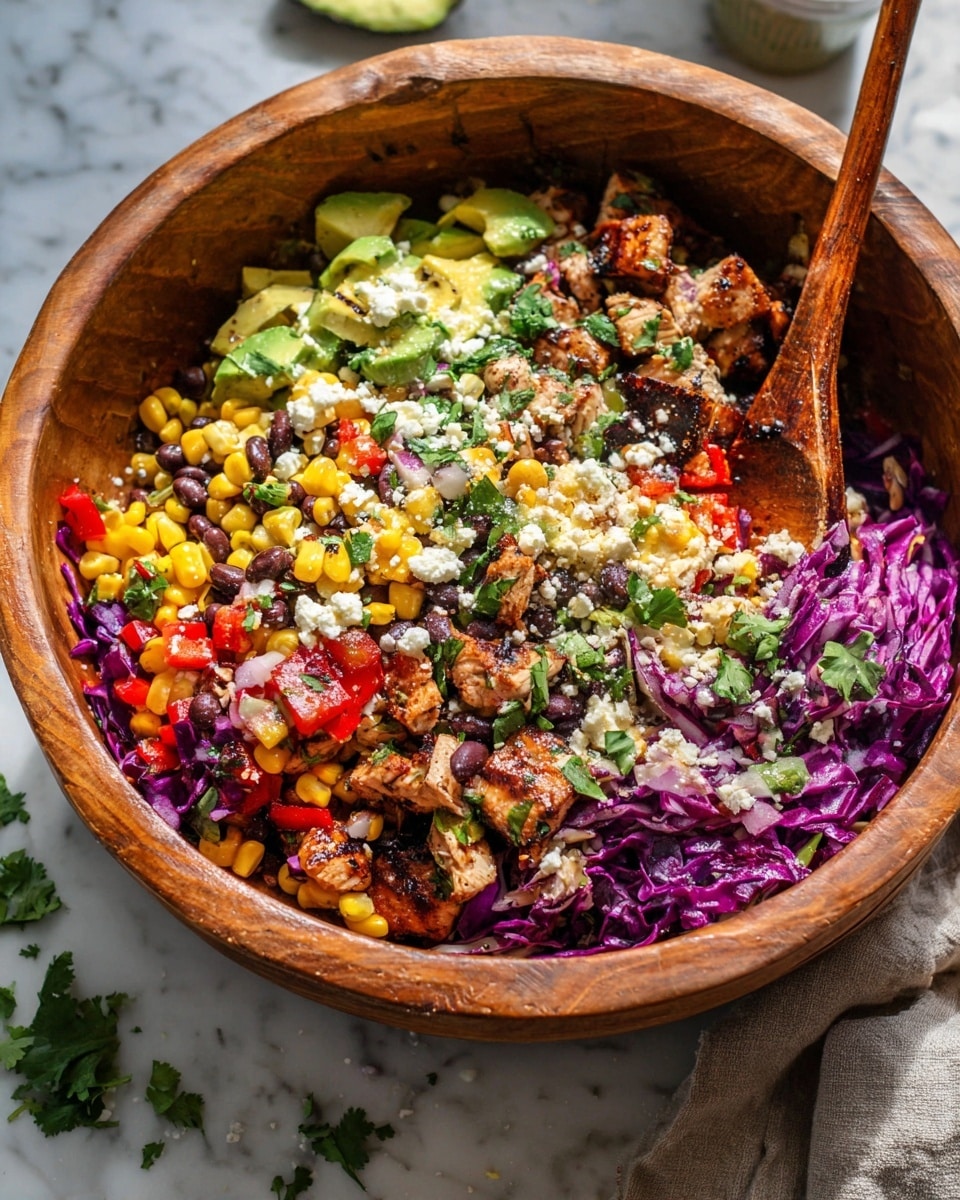 A wooden bowl filled with a colorful mixed salad featuring three main layers: the bottom layer is shredded bright purple cabbage, the middle layer is a mix of black beans, yellow corn kernels, and red bell pepper chunks, and the top layer holds pieces of grilled chicken, creamy green avocado chunks, and white crumbled cheese scattered throughout, finished with green cilantro leaves on top and a wooden spoon resting inside the bowl, all placed on a white marbled surface with some scattered herbs nearby, photo taken with an iphone --ar 4:5 --v 7