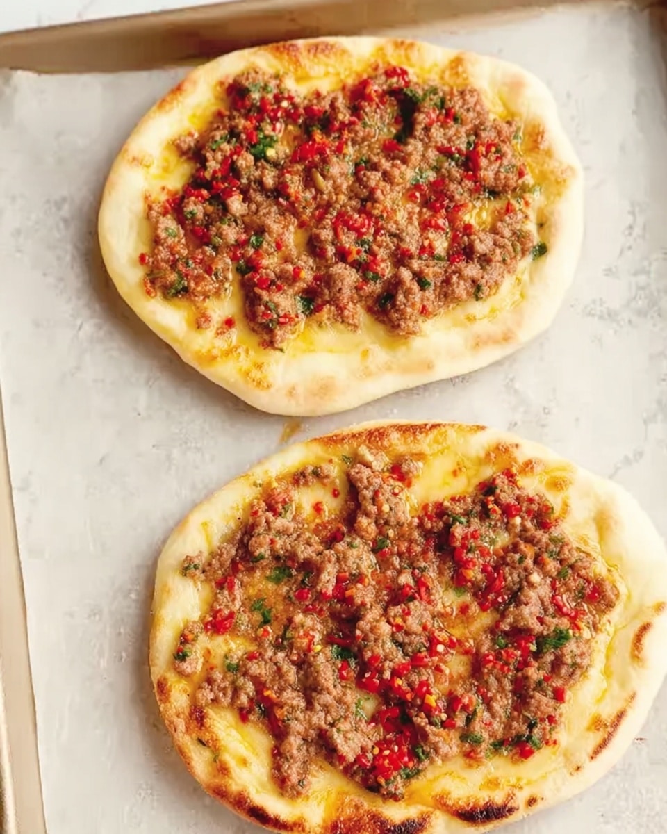Two small, round flatbreads sit on a baking tray with a white marbled texture background. Each flatbread has three layers: a thin, pale dough base with slightly puffy edges, a light yellowish layer of melted cheese spread evenly across the surface, and a top layer of minced meat mixed with small red pepper pieces and green herbs, giving the meat a textured and colorful look. The edges of the meat are uneven, showing a rustic and homemade style. photo taken with an iphone --ar 4:5 --v 7