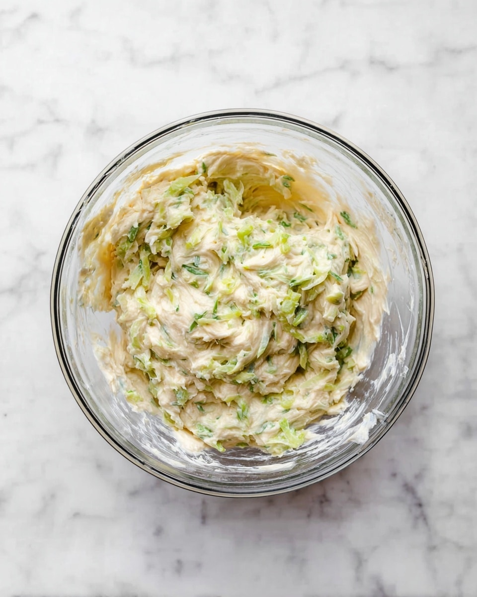 A clear glass bowl sits on a white marbled surface, filled with a creamy, thick mixture that has a pale off-white color with streaks of light green throughout. The texture looks soft and slightly chunky, with visible bits of shredded green vegetable mixed evenly in the creamy base. The bowl is transparent, showing the uneven swirls and folds of the mixture inside. photo taken with an iphone --ar 4:5 --v 7