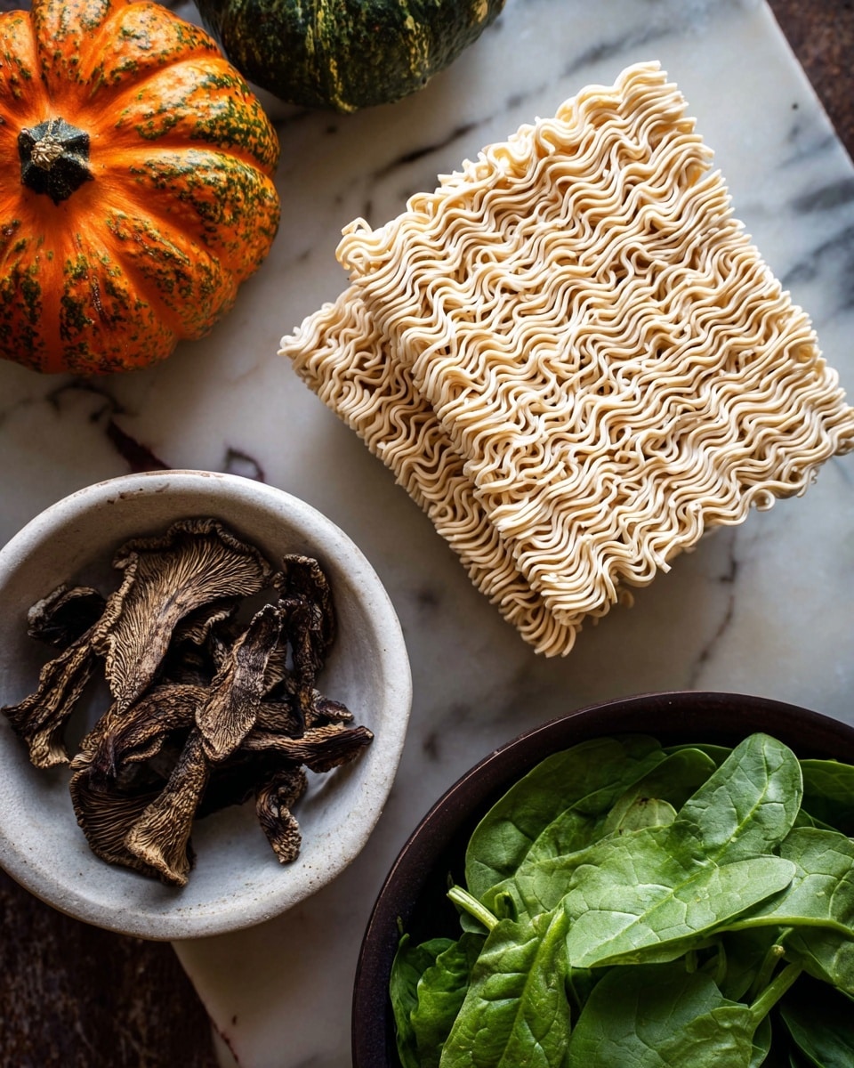 The image shows a close-up of ingredients on a white marbled surface. In the center, two blocks of uncooked instant noodles are stacked, showing their pale beige, wavy texture. At the bottom right, a white bowl contains dried, dark brown mushrooms with a rough texture. On the left, a small green and orange pumpkin adds a pop of color with its shiny, mottled surface. In the top right corner, there is a dark bowl filled with fresh, vibrant green spinach leaves with noticeable veins. Photo taken with an iphone --ar 4:5 --v 7
