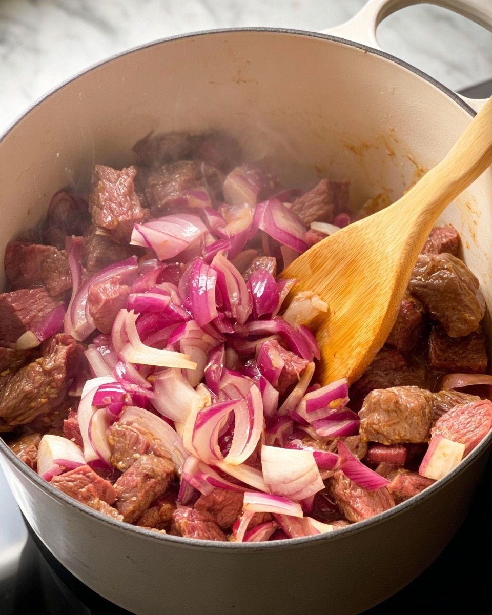 Inside a white pot on a white marbled surface, there are two layers being cooked. The bottom layer consists of chopped red onions, showing thin, curved slices with their light purple and white colors. On top of that are chunks of beef with a browned outer layer and some pieces still showing a raw red color. A wooden spoon stirs the mixture from the right side of the pot, its light brown grain visible. The steam rising adds a soft, warm glow to the scene. photo taken with an iphone --ar 4:5 --v 7