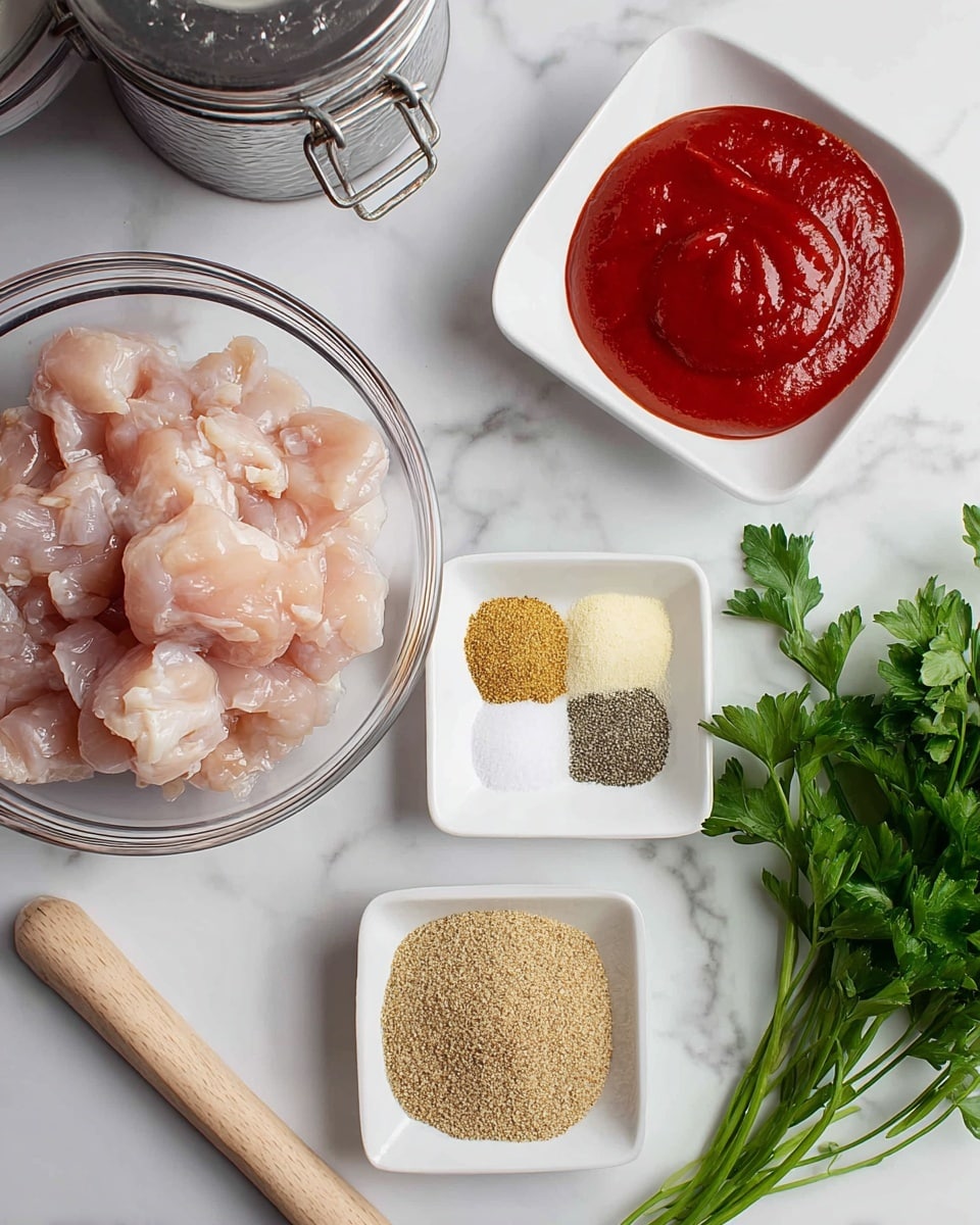A clear glass bowl in the bottom left holds raw, light pink pieces of chicken. Above it, a small white bowl contains bright red ketchup with a smooth texture. To the right, a square white bowl is divided into five sections with different spices: pale yellow, dark gray, light tan, white salt, and red. Below this, another small white bowl is filled with fine brownish powder. On the right side, fresh green parsley sits on a white marbled surface, beside a light wooden spoon handle. The top left corner shows part of a metal canister with a latch. The entire scene is set on a white marbled surface. photo taken with an iphone --ar 4:5 --v 7