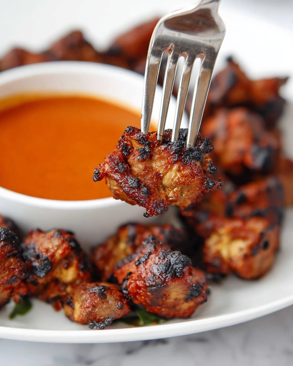 The image shows a close-up of grilled pieces of meat with a dark charred texture and reddish-brown color, pierced by a silver fork and held above a white plate filled with more grilled meat pieces. Behind the meat is a small white bowl filled with a smooth orange-red dipping sauce. The white plate sits on a white marbled surface. The focus is on the grilled meat on the fork, with the rest softly blurred. photo taken with an iphone --ar 4:5 --v 7