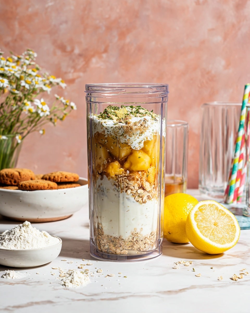 A clear blender cup filled with layered ingredients including chunks of yellow fruit, light brown oats or grains, white creamy yogurt, and some specks of green herbs, all mixed but still separate in the cup; the cup sits on a white marbled surface with two bright yellow lemon halves to the right and a small white bowl with a powdery white ingredient to the left. In the background, there is a white bowl filled with brown cookies on the left, some green and white flowers slightly blurred, and two empty clear glasses with colorful striped straws on the right against a pale pink textured wall. photo taken with an iphone --ar 4:5 --v 7