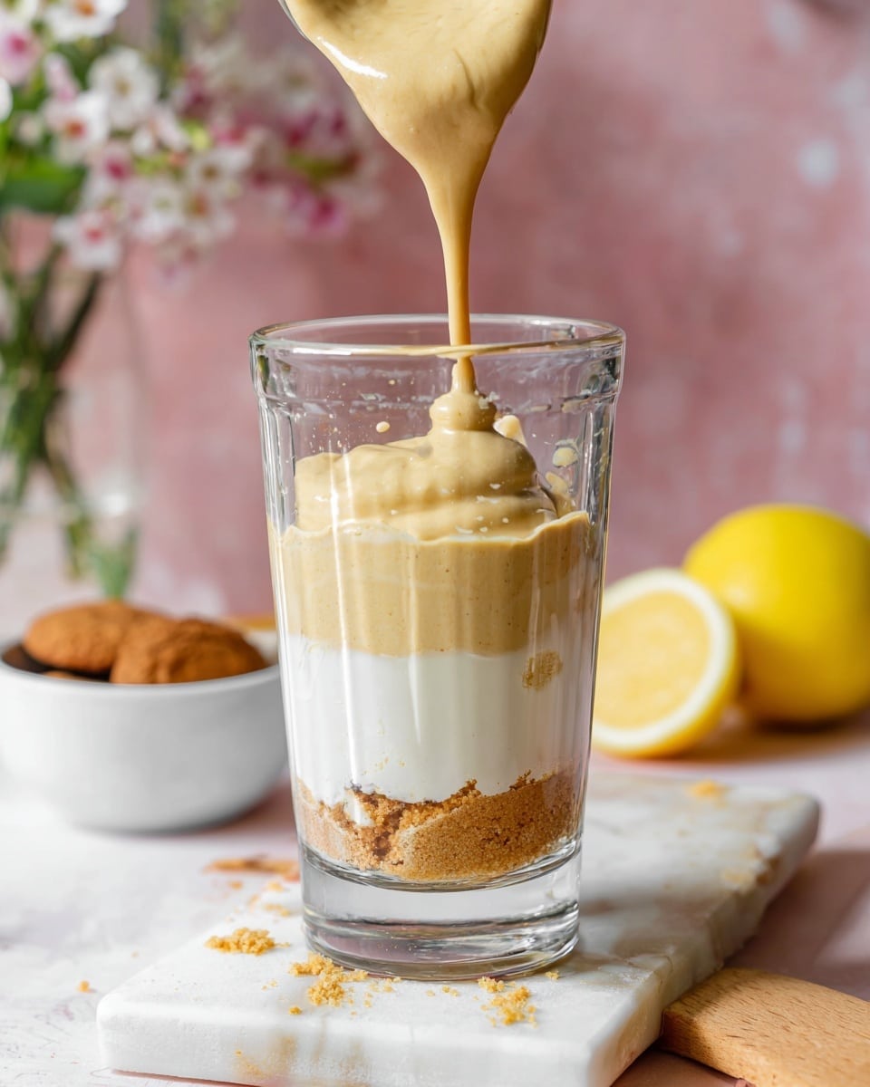 The image shows a clear glass containing layered creamy dessert on a white marbled surface. The bottom layer is a light beige crumbly texture, followed by a thick white creamy layer. Above this is another light beige creamy layer, then another white creamy layer, making four visible layers so far. A thick, smooth, beige cream is being poured from above into the glass, flowing down into the last layer. The background has a soft pink color and blurred flowers in a glass vase. On the right, a half lemon rests on a wooden board under the glass, and on the left, a small white bowl with brown cookies is partly visible. Photo taken with an iphone --ar 4:5 --v 7