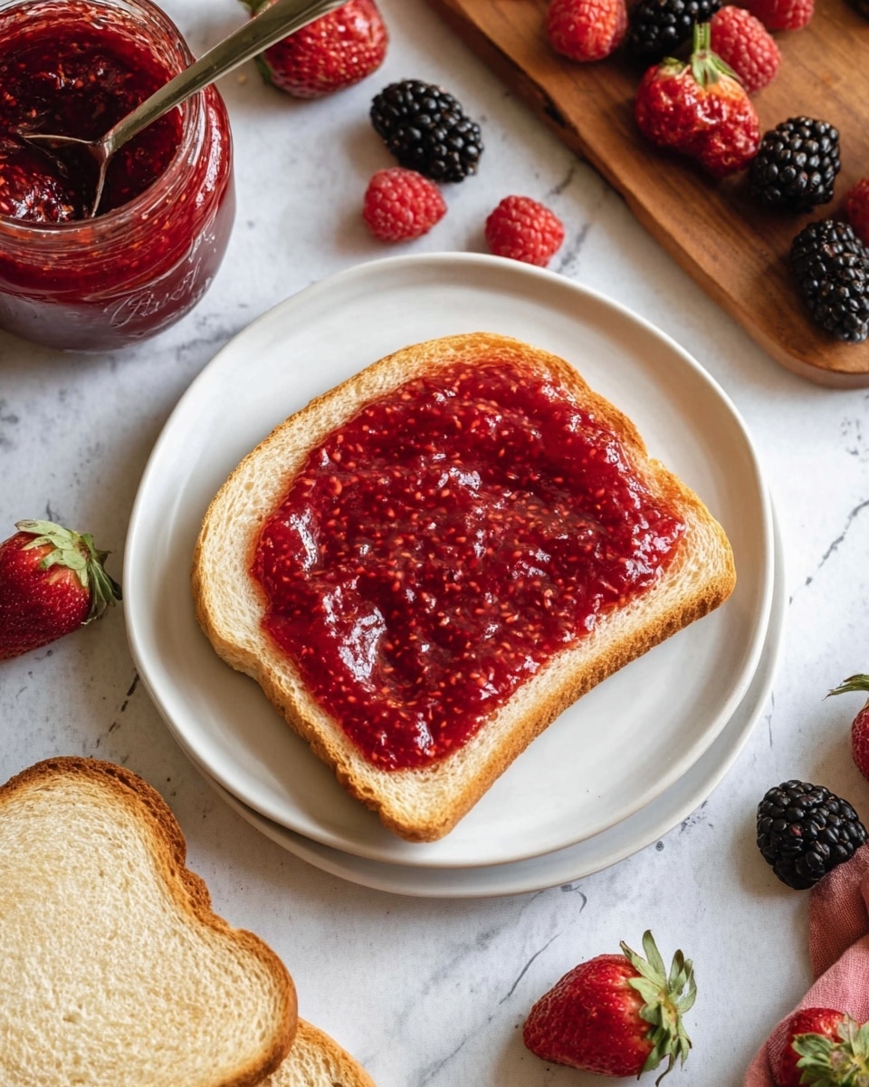 A single slice of light-colored bread sits on a white plate, topped with a thick, shiny layer of bright red jam that has a slightly textured surface showing small bits of fruit. Around the plate, fresh berries including red strawberries, raspberries, and black blackberries are scattered on a white marbled surface. To the side, a glass jar filled with jam includes a spoon sticking out, and there are extra slices of plain bread on a wooden board next to it. The overall scene is bright with natural lighting highlighting the gloss and texture of the jam. photo taken with an iphone --ar 4:5 --v 7
