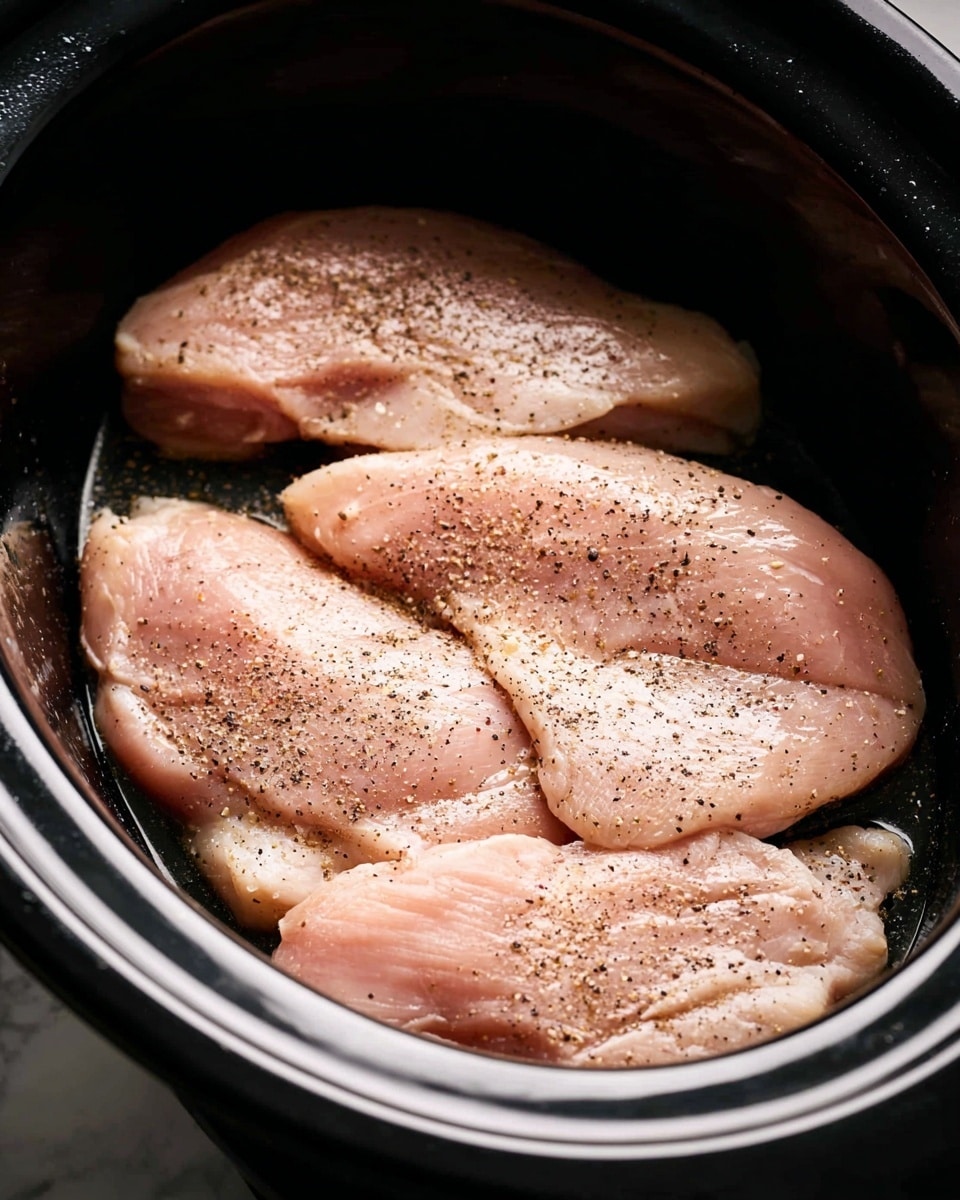 Four raw chicken pieces lay flat inside a black slow cooker. Each piece is light pink with a smooth texture, sprinkled evenly with coarse black pepper and salt. The chicken pieces slightly overlap, filling the round bottom of the slow cooker. The inside edges of the slow cooker are shiny and dark, contrasting with the pale pink meat. The image shows a close view with a white marbled surface barely visible around the slow cooker. Photo taken with an iphone --ar 4:5 --v 7