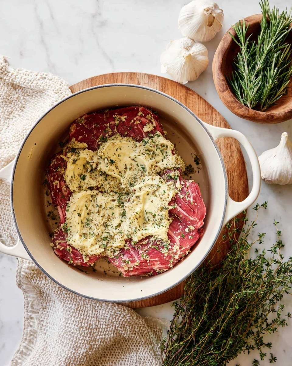 A white cooking pot with two handles contains a raw red meat piece spread with a thick layer of pale yellow herb butter mixed with green and beige spices, unevenly smeared on top. The pot sits on a round wooden board, placed on a white marbled surface. Surrounding the pot are a beige textured cloth, a bunch of fresh green thyme sprigs at the bottom right, a small wooden bowl filled with green rosemary sprigs at the top right, and whole heads of white garlic near the top center. The scene is bright and clean, focusing closely on the pot and its contents. photo taken with an iphone --ar 4:5 --v 7