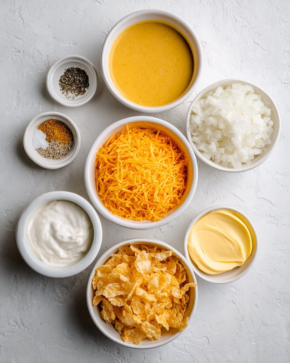 The image shows seven white bowls on a white marbled surface, each holding different ingredients. From the top center, there is a bowl with a smooth yellow sauce, to its right a bowl filled with finely chopped white onions. Below the sauce bowl, a bowl is full of grated bright orange cheddar cheese. To the left of the cheddar is a bowl with white creamy sour cream, and below it, another bowl contains white shredded potatoes. To the right of the sour cream bowl is a bowl filled with golden corn flakes. The smallest bowl at the top left contains a mix of black pepper, salt, and garlic powder. Finally, the bottom right bowl holds melted yellow butter. The bowls are arranged in a somewhat circular formation, all contrasting with the white marbled surface photo taken with an iphone --ar 4:5 --v 7