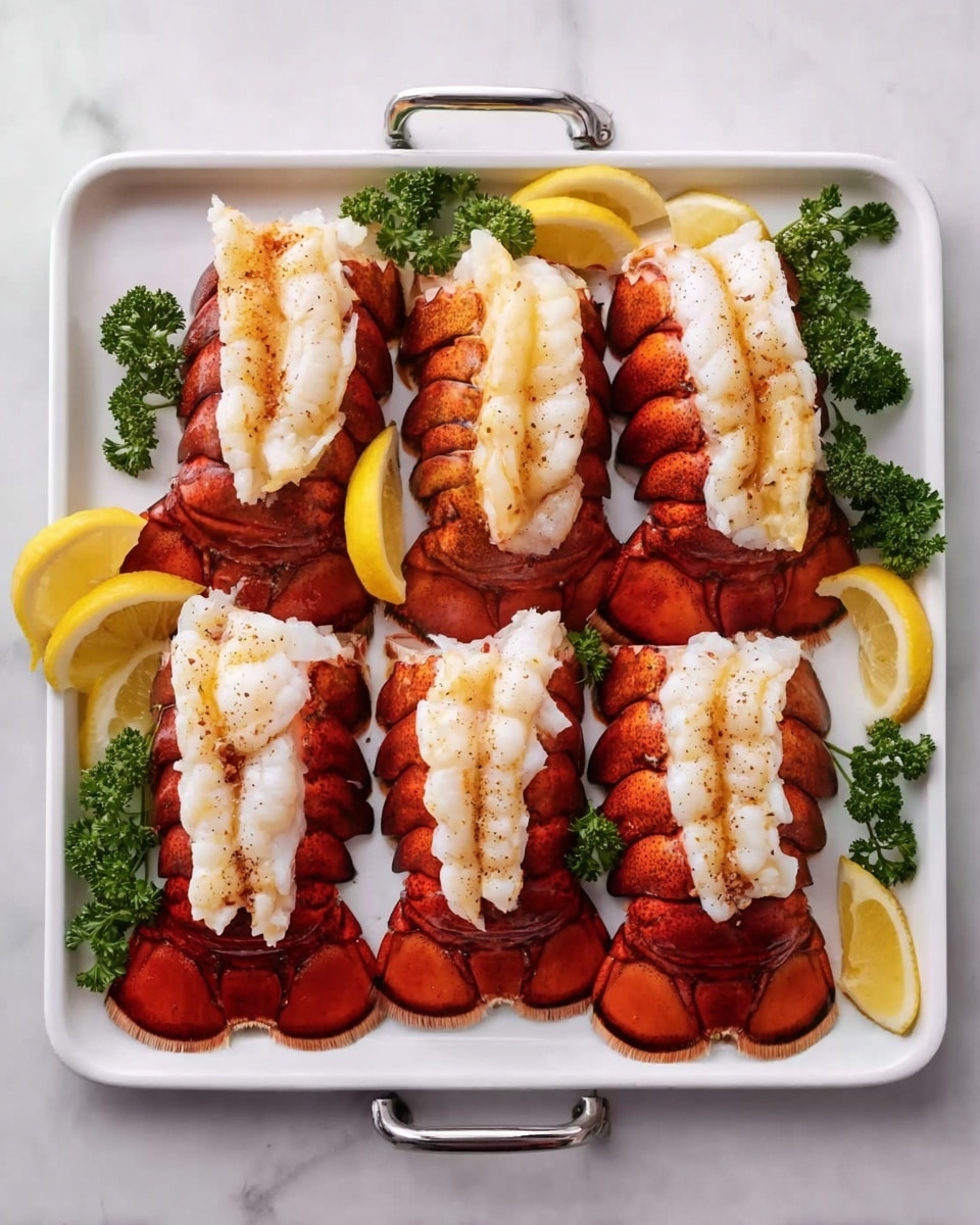 Six lobster tails are arranged in two rows on a white rectangular tray with metal handles on both sides. Each lobster tail has two layers: a bright red shell at the bottom with a smooth, curved texture shaped like a fan, and soft white lobster meat on top, lightly seasoned with small brown specks. The tails alternate direction in two rows, creating a neat, balanced look. Around the lobster tails, there are fresh green parsley sprigs and lemon slices with bright yellow flesh and a thin white rind, placed at the corners and between the tails. The tray sits on a white marbled surface. Photo taken with an iphone --ar 4:5 --v 7