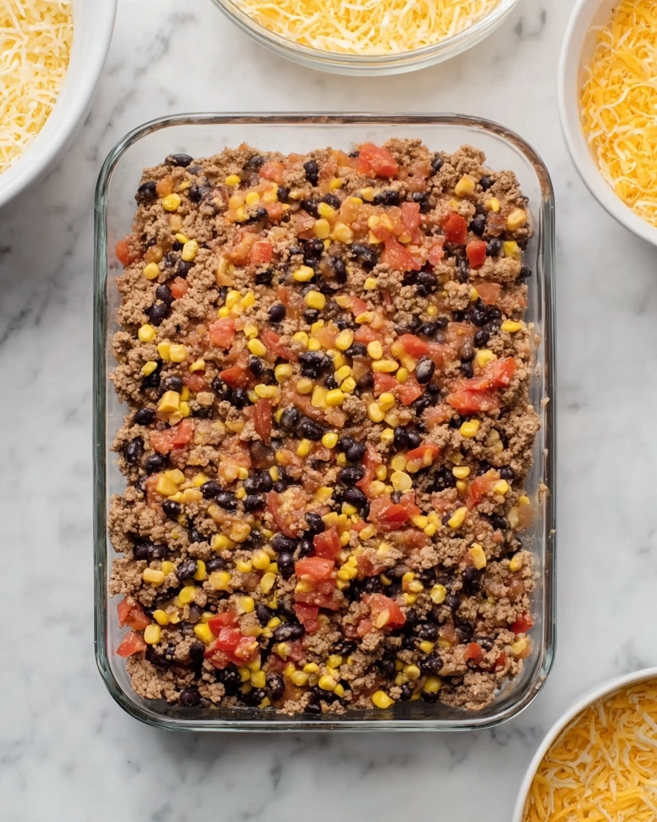 The image shows a clear glass rectangular dish filled with one layer of cooked ground meat mixed with black beans, yellow corn, and small pieces of chopped red tomatoes evenly spread across the layer. The dish is placed on a white marbled surface. In the background, there are parts of two white bowls, one containing a yellow mixture and the other with shredded yellow and white cheese. Photo taken with an iphone --ar 4:5 --v 7
