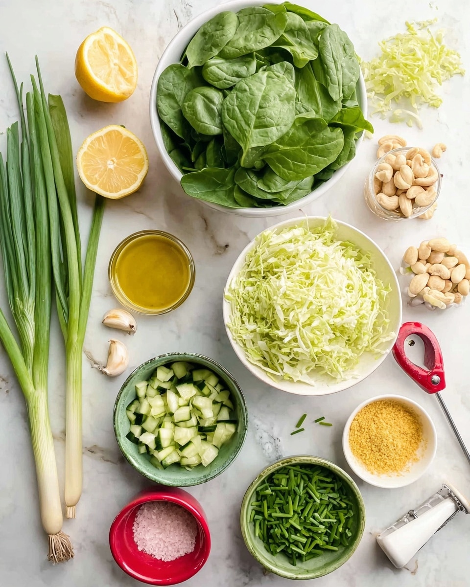 The image shows an arrangement of different ingredients on a white marbled surface. There is a white bowl filled with fresh green spinach leaves at the top center. Below it, a larger white bowl is filled with light green shredded cabbage. To the right, there is a smaller white bowl with green spinach leaves. Below it, a bunch of fresh green chives, some cut and some whole, is laid out. On the left, a bundle of spring onions rests next to a whole garlic bulb with a couple of cloves separated. Near the middle left, a small green bowl holds a mix of cashew nuts, and next to it, a white bowl contains small diced pieces of cucumber. A small glass bowl filled with yellow olive oil is to the left center, next to two halves of a fresh yellow lemon and a light gray lemon squeezer. A small red bowl with pink salt and a small green bowl with a yellow powder, likely nutritional yeast, are arranged near the center bottom. A small red bowl with a clear liquid is also seen near the green onion ends. The colors are mostly green, yellow, and white, showing fresh, raw ingredients ready for use. photo taken with an iphone --ar 4:5 --v 7
