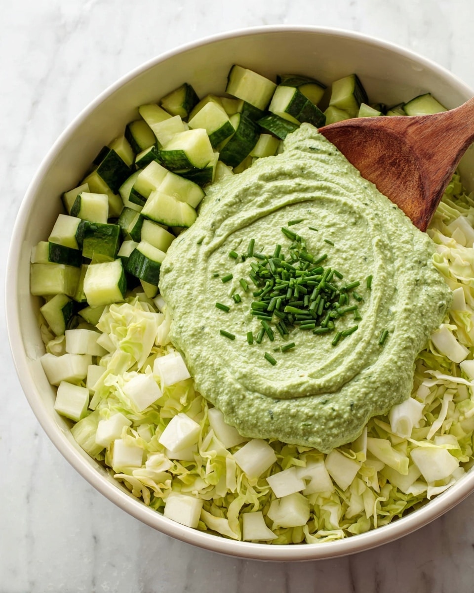 A white bowl holds three layers: at the bottom is a layer of chopped light green cabbage with a slightly rough texture, above it is a layer of diced dark green cucumber with a smooth skin, and in the center on top is a thick, creamy green sauce spread in a ring shape with chopped chives visible in the middle. A wooden spoon rests inside the bowl, touching the diced cucumber. The bowl sits on a white marbled surface photo taken with an iphone --ar 4:5 --v 7
