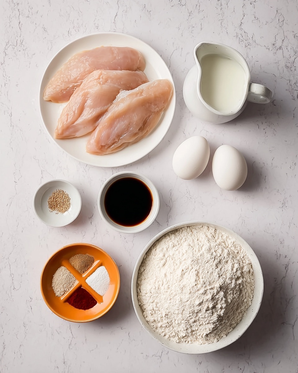 The image shows several cooking ingredients arranged neatly on a white marbled surface. In the top left, there is a white plate filled with several light pink raw chicken fillets, layered and slightly overlapping. To the right of the plate, there are two white eggs placed close together, and next to them is a small white pitcher filled with milk. Below the eggs and milk are two small white bowls, each filled with dark brown liquid soy sauce. To the left of these bowls, there is a small orange bowl divided into four sections, each containing a different colored powdered spice: light beige, red, dark brown, and another beige shade. At the bottom left corner, a larger white bowl is filled with a heap of white flour, textured and slightly uneven on top. The overall setup is simple and clean, nicely organized with a soft natural light. Photo taken with an iphone --ar 4:5 --v 7