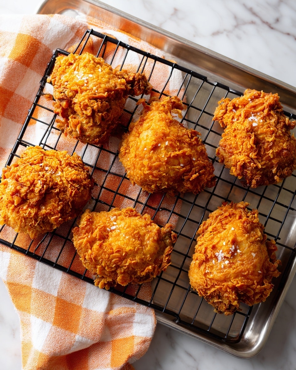 Six pieces of crispy fried chicken with a golden brown crunchy coating lie spread out on a black wire cooling rack. The rack is placed on a shiny metal baking sheet. The baking sheet rests on a soft white and orange checkered cloth, all set on a white marbled surface. The chicken pieces have a rough textured crust with visible flakes and a few white salt grains sprinkled on top. photo taken with an iphone --ar 4:5 --v 7