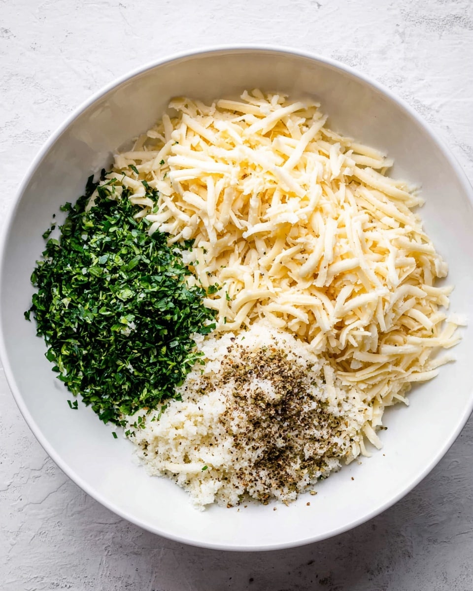 In a white bowl, there are three main piles of shredded ingredients arranged side by side. On the left, a vibrant green pile of finely chopped herbs with a leafy texture. To the right, a large portion of pale yellow shredded cheese with a soft, thick texture. Above both, another lighter pile of finely shredded white cheese dusted with a generous sprinkle of black pepper. The bowl sits on a white marbled surface. photo taken with an iphone --ar 4:5 --v 7