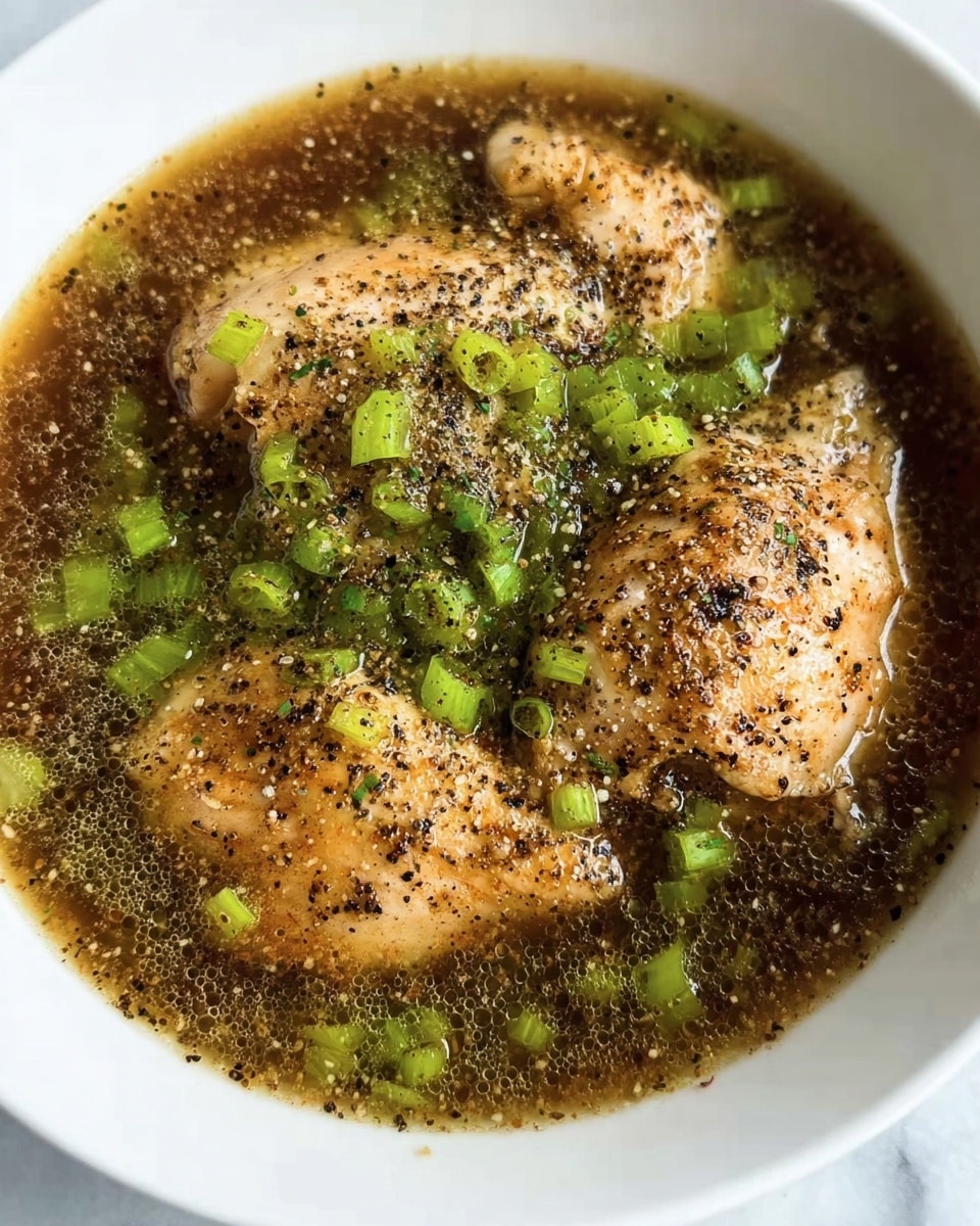 The dish shows three pieces of light brown cooked chicken placed in a white bowl, partially submerged in a dark brown broth with a slightly thick texture. Bright green chopped celery pieces are scattered over the chicken and broth, adding a fresh pop of color. Black pepper and other fine spices are sprinkled generously over the chicken and soup, creating a speckled look. The background surface is white marble, giving a clean and fresh feel to the image. Photo taken with an iphone --ar 4:5 --v 7