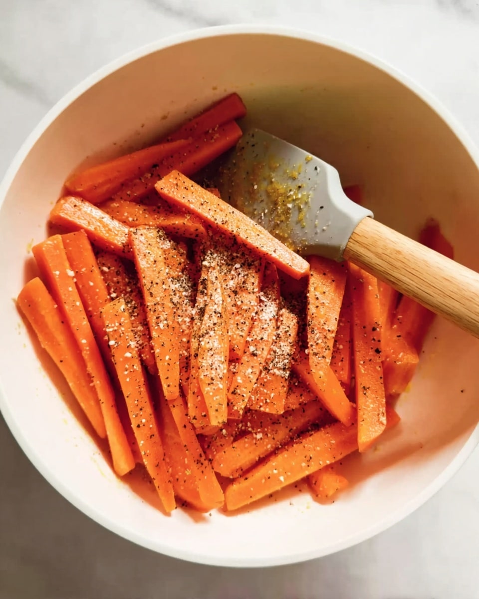 This image shows a white bowl filled with bright orange carrot sticks, cut into long, thin pieces. The carrot sticks are sprinkled with a mix of black and white spices, scattered unevenly over the top. A spatula with a wooden handle and a light gray silicone head is resting inside the bowl, with its tip slightly under the carrots. The bowl is placed on a white marbled surface that adds a clean and fresh background to the vibrant colors of the carrots and spices photo taken with an iphone --ar 4:5 --v 7