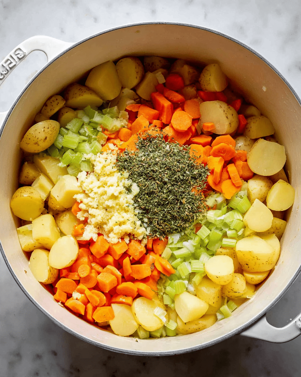 A white pot filled with several layers of chopped vegetables on a white marbled surface, the bottom layer consists of sliced green celery and orange carrot pieces spread evenly, the middle layer shows small chopped yellow potatoes scattered all over, and on top of the potatoes there is a small pile of minced garlic and a heap of dried green herbs placed together in the center. photo taken with an iphone --ar 4:5 --v 7