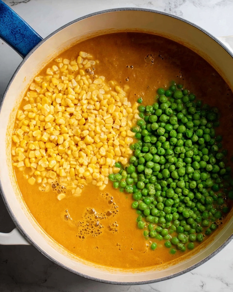 The image shows a white pot with three main layers inside: a thick orange soup or sauce base forming the bottom and covering around half of the pot, then on the left side, there is a layer of bright yellow corn kernels piled up, and on the right side, a layer of vibrant green peas sitting on top of the orange base. The pot is placed on a white marbled surface, and part of a blue item is visible in the top left corner near the pot. The texture of the orange base looks smooth with some small bubbles. Photo taken with an iphone --ar 4:5 --v 7