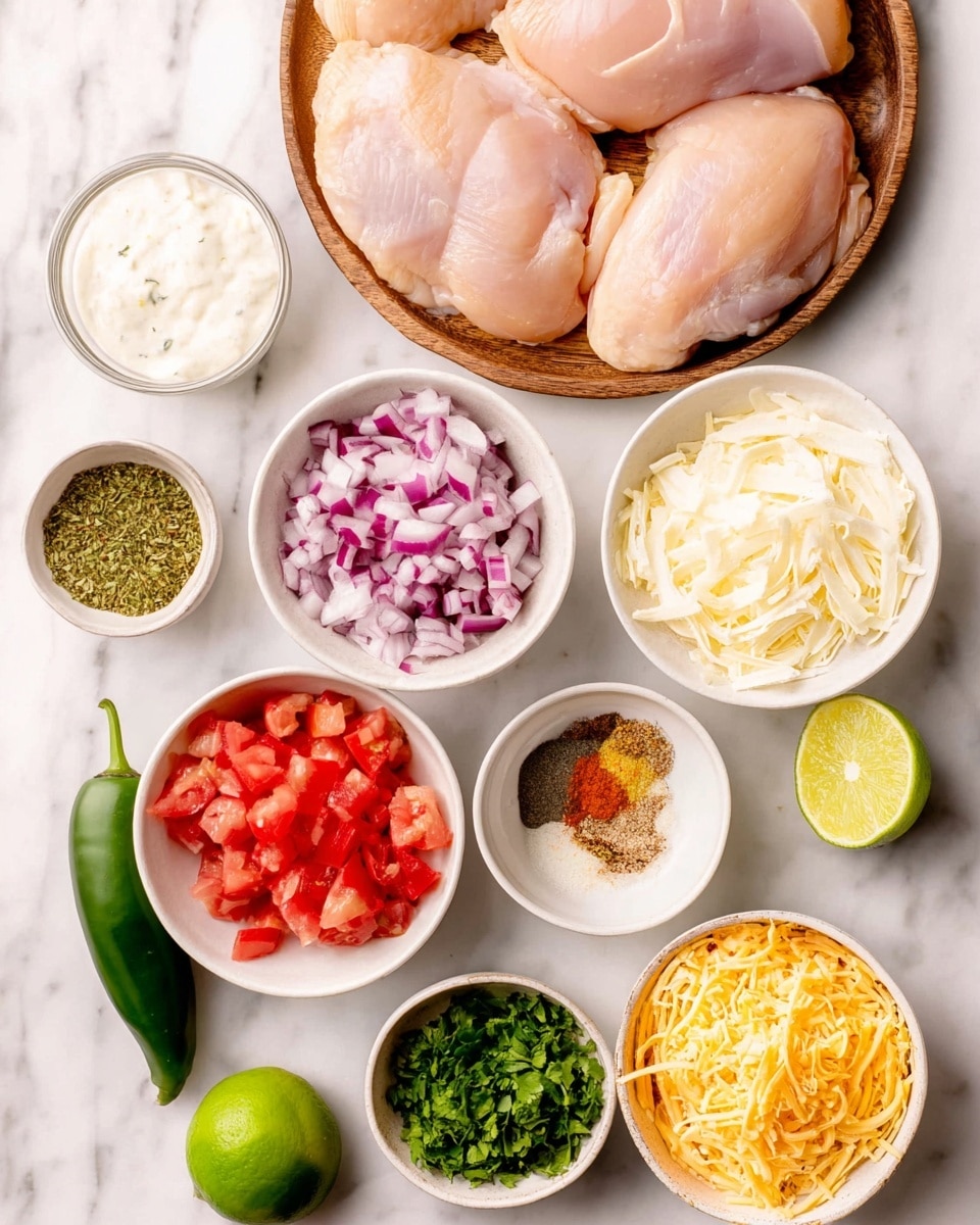 The image shows several ingredients neatly arranged on a white marbled surface. At the top center, there are four raw chicken pieces placed on a wooden tray. Below them, a range of small white and light brown bowls hold chopped tomatoes, chopped red onions, green herbs, minced garlic, spices, cream sauce, and shredded yellow and white cheese slices stacked on the right side. A halved lime is placed next to the ingredients, with another one near the cheese. A whole green jalapeño is at the bottom left corner. The colors are fresh and vibrant, with red, green, white, and yellow tones standing out clearly. Photo taken with an iphone --ar 4:5 --v 7
