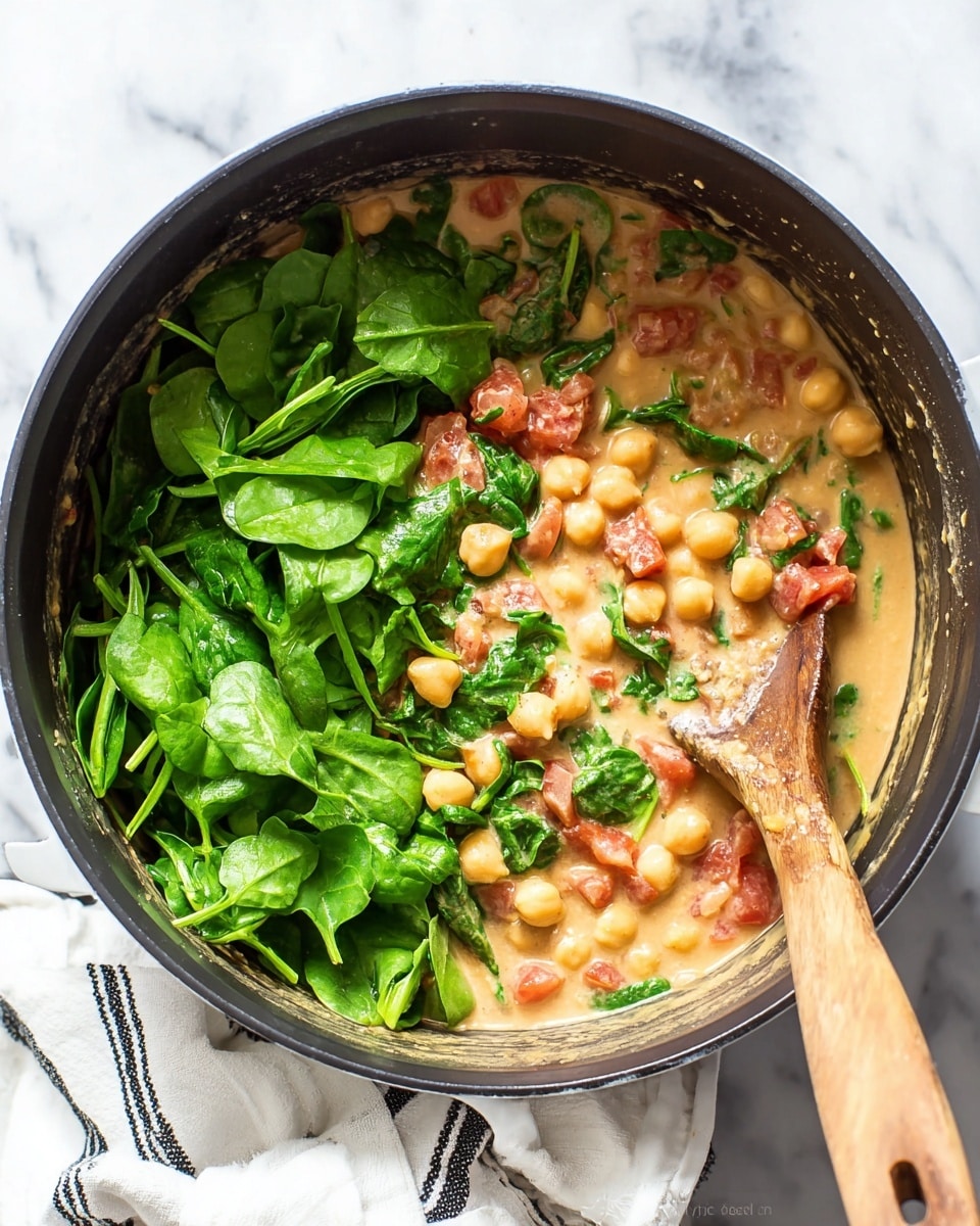 A black pot filled with a creamy chickpea stew, layered with light brown sauce mixed with whole chickpeas and chopped tomatoes, topped with fresh bright green spinach leaves on the left side. A wooden spoon with a natural grain pattern is partially submerged in the stew on the right side, stirring the mixture. The pot rests on a white marbled surface with a white cloth showing thin black stripes near the base of the pot. photo taken with an iphone --ar 4:5 --v 7