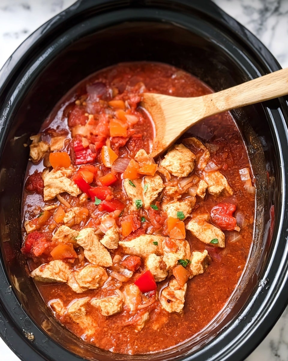 A close-up view of a slow cooker filled with a stew showing about three layers: the base layer is a thick red sauce with visible chunks of diced tomatoes; next, pieces of light beige cooked chicken are scattered on top, irregular in size and soft in texture; and the top layer includes small pieces of orange and red bell peppers along with pale translucent onion strips, all mixed into the sauce. A wooden spoon is placed inside the slow cooker on the right side, partially submerged in the sauce. The slow cooker is black and the surface around it is a white marbled texture. Photo taken with an iphone --ar 4:5 --v 7