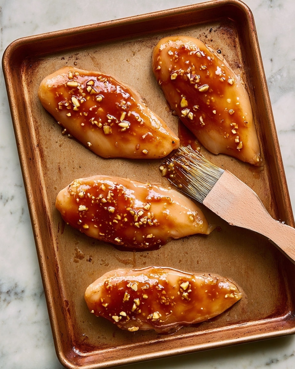 Four raw chicken fillets lay flat on a light brown baking tray in two vertical pairs with space between them, each covered with a shiny brown marinade sprinkled with bits of garlic. A wooden brush rests on the right side of the third fillet from the top, partially touching it with sauce on the bristles. The surface under the tray shows a white marbled texture. photo taken with an iphone --ar 4:5 --v 7