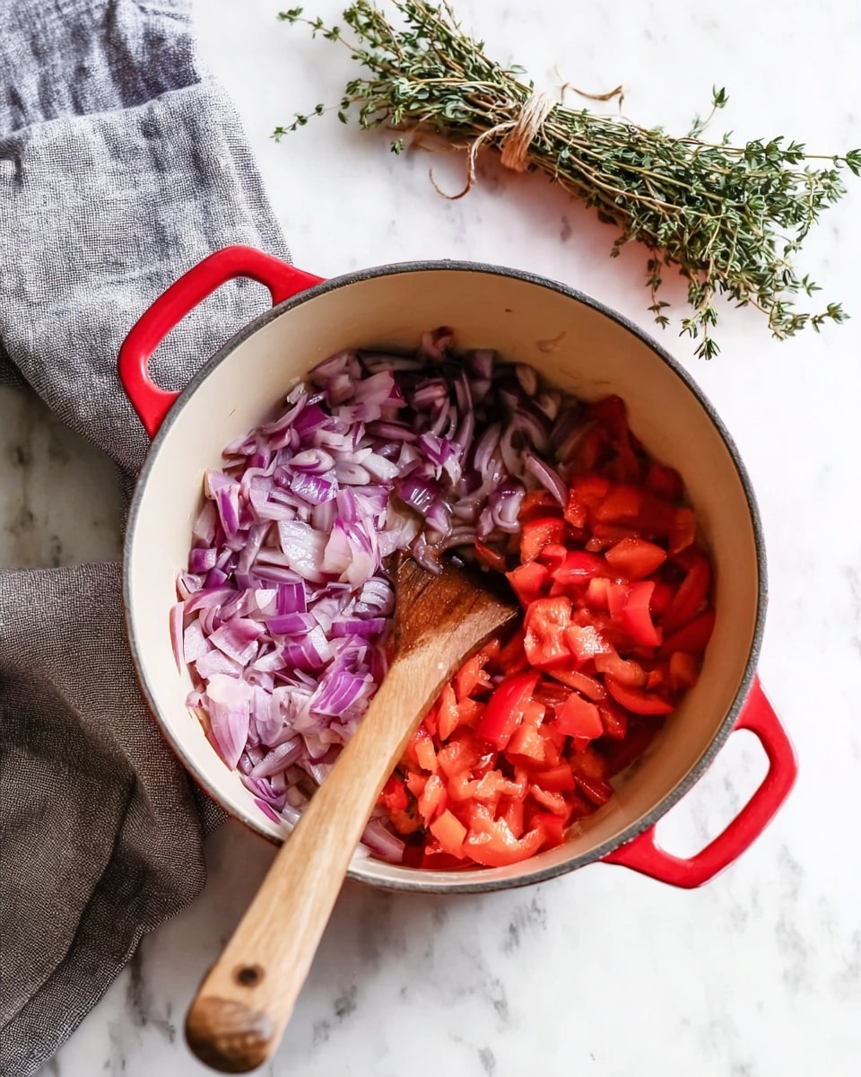 A red-handled white pot with two handles shows two main layers inside: the left side has soft, translucent purple onions while the right side has bright red bell pepper pieces, both diced and partly cooked. A wooden spoon rests inside the pot, stirring the onions. The pot sits on a white marbled surface, and next to it is a small bundle of fresh green herbs tied with a piece of string. A gray cloth is partially visible in the top left corner. The scene looks bright and clean, focusing on the fresh vegetables and cooking process photo taken with an iphone --ar 4:5 --v 7