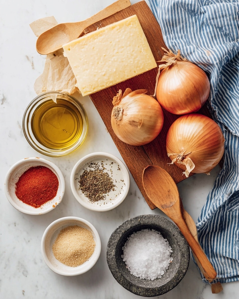 This image shows a wooden cutting board with a large wedge of pale yellow cheese at the top left and three round onions with golden brown skin placed to the right on the board. Next to the cheese and onions, there is a small clear glass container filled with golden olive oil, sitting on a white marbled surface. Below the cutting board, five small round white bowls hold different spices and seasonings: a bright red powder with a wooden spoon, a light brown powder with a wooden spoon, a pale beige powder with a wooden spoon, black pepper in a dark stone bowl, and white salt in a white stone bowl. A striped blue and white cloth is partially visible under the onions and cutting board at the top right. The photo taken with an iphone --ar 4:5 --v 7