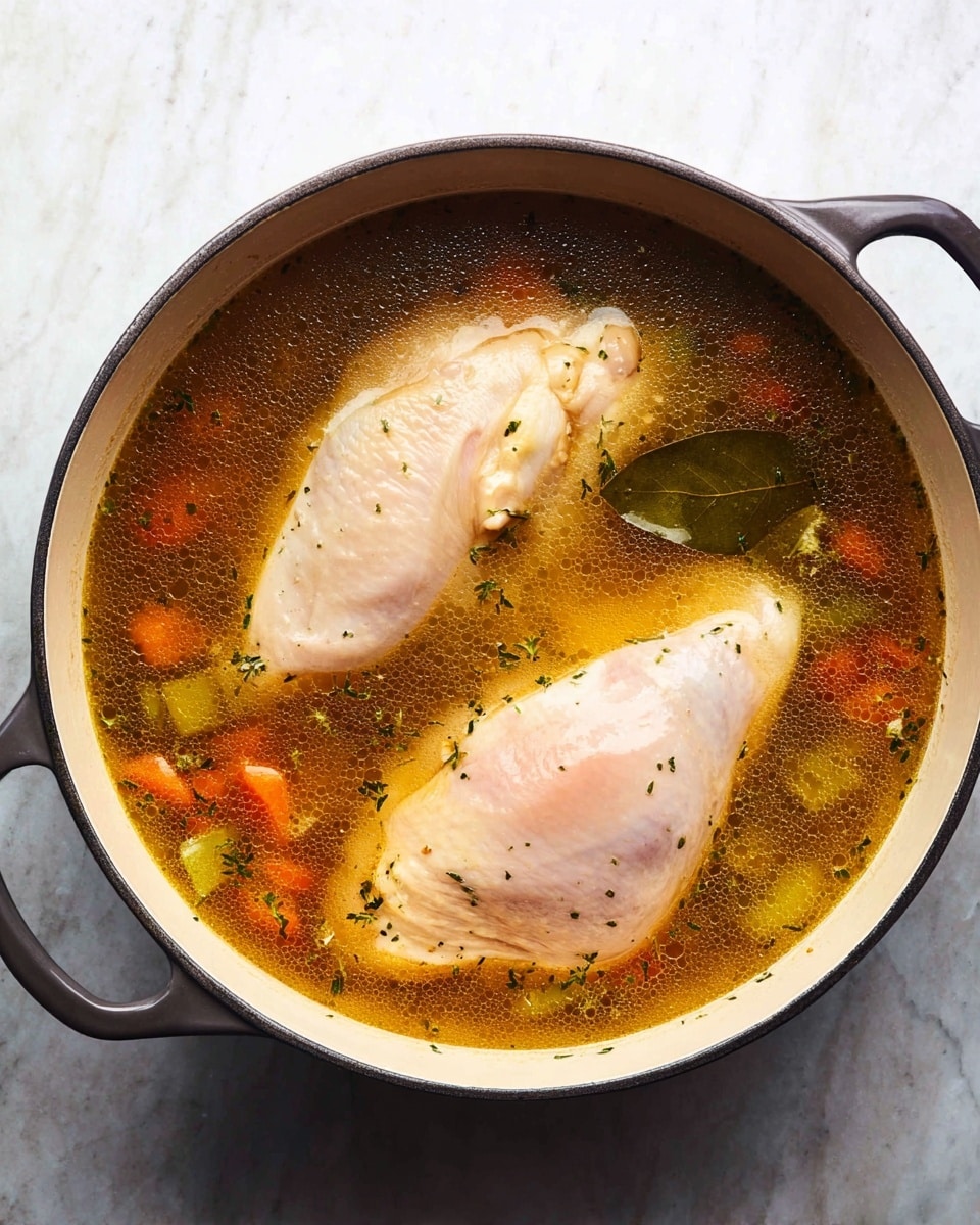 A round white pot with dark handles holds two large raw chicken pieces placed side by side, partially covered by a clear, golden-brown broth. The broth has small bits of green herbs, orange carrot pieces, and diced celery floating throughout, along with a bay leaf visible near the edge. The pot sits on a white marbled surface. photo taken with an iphone --ar 4:5 --v 7