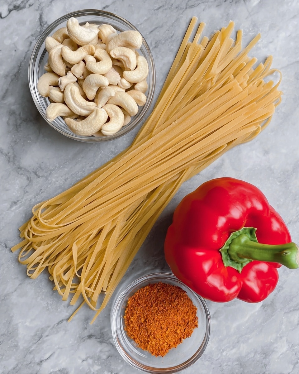 On a white marbled surface, there is a bundle of uncooked flat pasta strands laid out horizontally, with a bright red bell pepper placed near the right side of the pasta. Above the pasta, there is a clear glass bowl filled with whole cashew nuts, showing their light beige color and smooth texture. Below the pasta, another small clear glass bowl holds a small quantity of orange powdered spice with some uneven clumps. The image has a clean and organized layout. Photo taken with an iphone --ar 4:5 --v 7