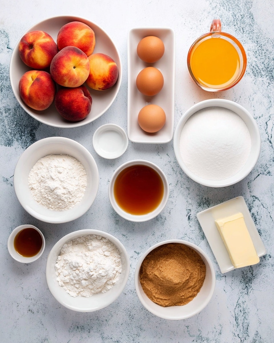 The image shows an overhead view of white bowls and dishes arranged neatly on a white marbled surface, each holding different baking ingredients. There is a white bowl with five fresh peaches on the left, a white dish holding three brown eggs in the center top, and a larger white bowl filled with white powdered sugar on the right. Below them, from left to right, there is a white bowl with white flour, a small white bowl of melted butter, a white bowl filled with brown sugar, and a small white dish with a light brown liquid, likely vanilla extract. A stick of butter is placed near the middle-right, and a small white cup holds granulated white sugar on the far right. A glass measuring cup with orange juice sits near the center. The background is a white marbled surface, and the lighting is soft and natural. photo taken with an iphone --ar 4:5 --v 7