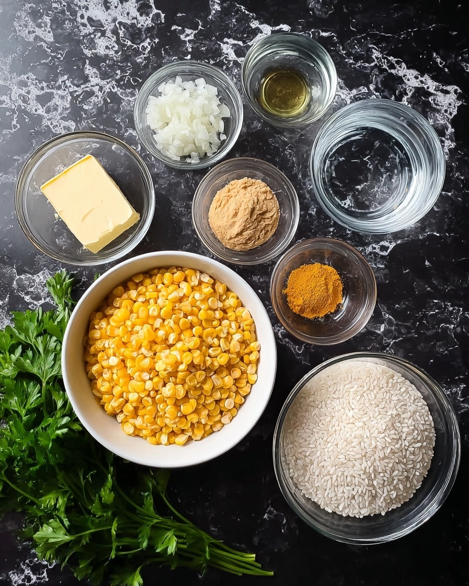 The image shows eight bowls and a small bunch of parsley placed on a dark surface with a white marbled texture background. The largest white bowl at the bottom is filled with bright yellow corn kernels. To the right, a large clear bowl contains white rice grains. Above it, another clear bowl holds clear water. To the top left of the rice, a small clear bowl has a block of pale yellow butter. Nearby there is a small clear bowl of finely chopped white onions. Above that, two small clear bowls hold a light orange paste and a yellow powder. Additionally, a small clear bowl with a pale golden liquid is placed near the orange paste. The parsley is green with leafy texture, resting to the left side of the bowls. photo taken with an iphone --ar 4:5 --v 7