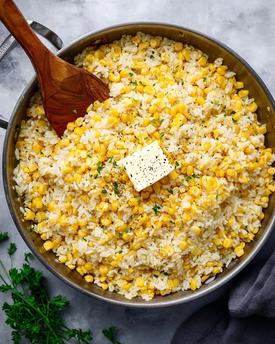 A round metal pan filled with a mix of yellow corn kernels and light yellow cooked rice, sprinkled with small green herb pieces. In the center sits a small square of melting butter topped with black pepper. A wooden spoon rests inside the pan on the left side, partially buried in the rice and corn. The pan is placed on a white marbled surface with some green herbs visible near the bottom edge of the frame. photo taken with an iphone --ar 4:5 --v 7