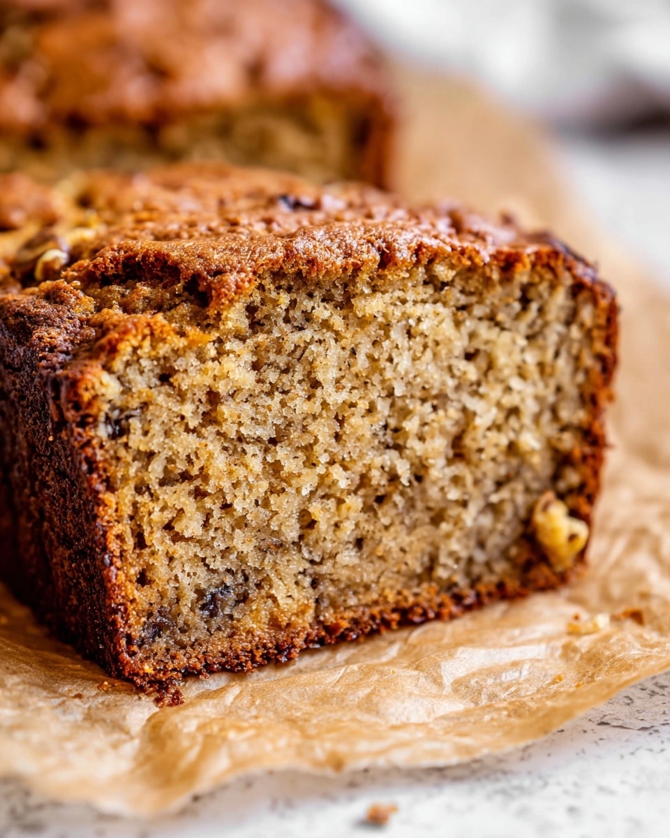 A close-up view of a single slice of golden-brown banana nut bread resting on light brown parchment paper. The slice shows a crumbly and moist texture with visible small dark walnut pieces throughout. The edges are a darker brown, creating a well-baked crust framing the soft inner bread. The background features a white marbled surface blurred softly to keep focus on the bread. Photo taken with an iphone --ar 4:5 --v 7