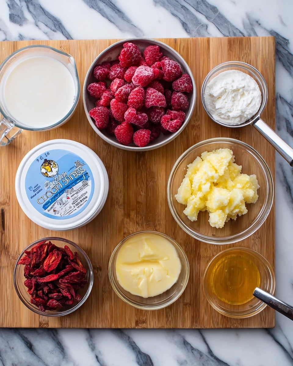 The image shows a top view of a collection of ingredients arranged on a white marbled surface with a wooden cutting board in the center. On the cutting board, from top right to center, there is a clear glass bowl filled with pale yellow crushed pineapple, a smaller glass bowl with a golden honey-like liquid, a glass bowl with light yellow lemon juice, and a small glass bowl with a white powder. In the middle, there is a white container of cottage cheese with a blue label. To the left of the cutting board, there is a silver bowl full of whole frozen raspberries with a silver measuring cup holding some raspberries inside it. Above this bowl, a clear glass measuring cup filled with milk is placed. Next to the cutting board, there is a glass bowl of dried red strawberries, slightly overlapping the wooden board. photo taken with an iphone --ar 4:5 --v 7