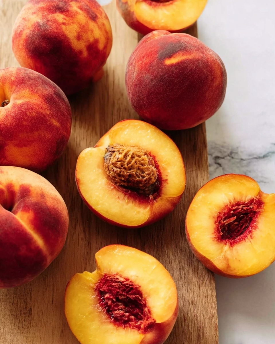 The image shows several whole peaches and peach halves placed on a wooden board over a white marbled surface. There are about five whole peaches with smooth red and orange skin, and four peach halves revealing bright yellow flesh with rough brown pits in the center. The peaches have a soft fuzzy texture and are arranged casually, some halves showing seeds clearly. The wooden board has a natural grain and warm brown color that contrasts with the white marbled background. Photo taken with an iphone --ar 4:5 --v 7